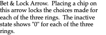 Bet & Lock Arrow. Placing a chip on this arrow locks the choices made for each of the three rings. The inactive state shows "0" for each of the three rings. 